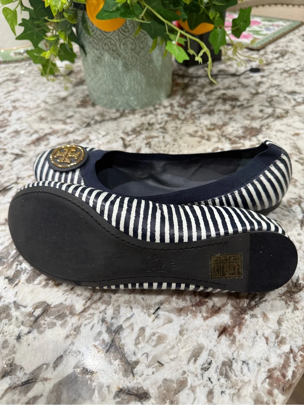 Tory Burch Navy & White Striped Logo Ballet Flats